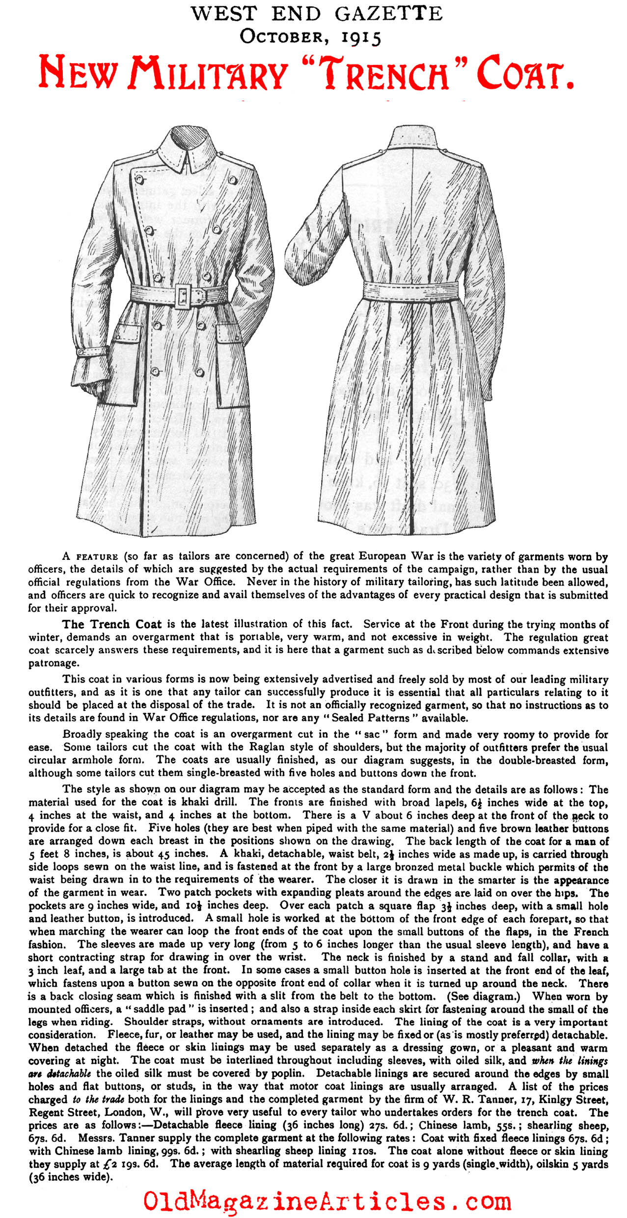 One Tailor's Encounter with the Trench Coat (West End Gazette, 1915)